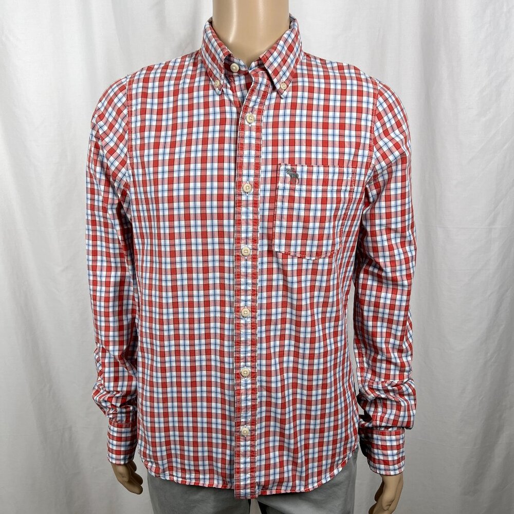 Abercrombie & Fitch Mens Large Red Blue Check Muscle Long Sleeve Button-Up Shirt